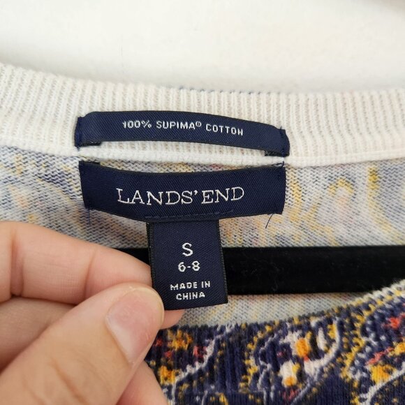 Lands End 100% Supima Cotton Navy Blue Paisley Crewneck Sweater S (6-8) - Picture 5 of 7